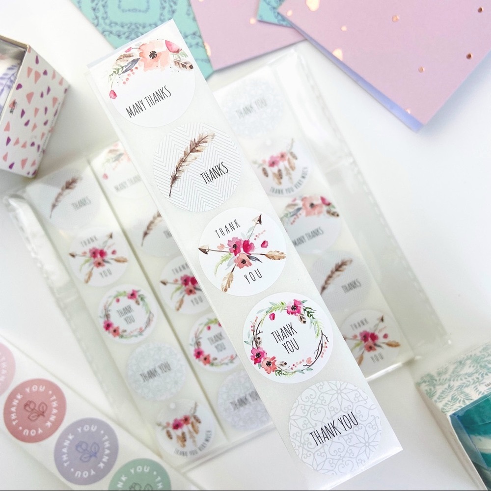 200 Thank You Stickers. Watercolor Floral Feather Boho Shipping Product Stickers